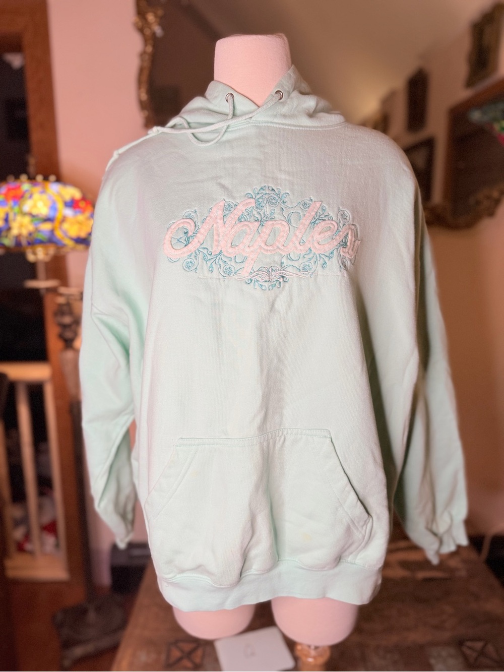 Light Aqua Cotton Hoodie with Embroidered 'Naples' Script